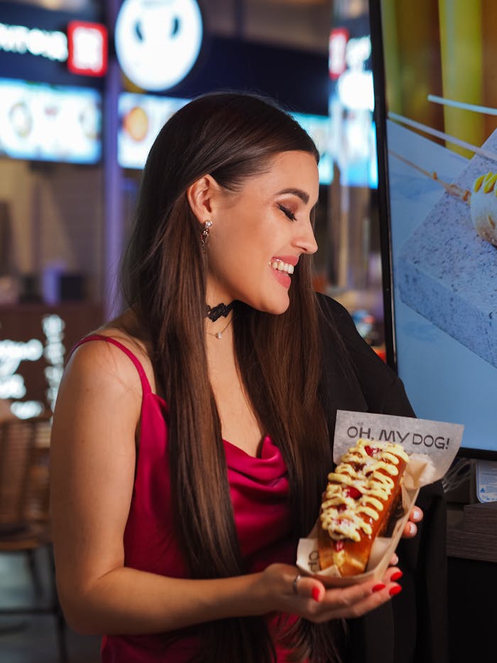 Smiling woman in a red dress holding a gourmet hot dog at an indoor event.